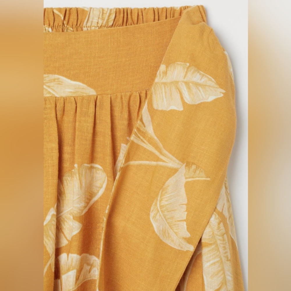 Dark Yellow Linen Blend Leaf Patterned Skirt - image 3